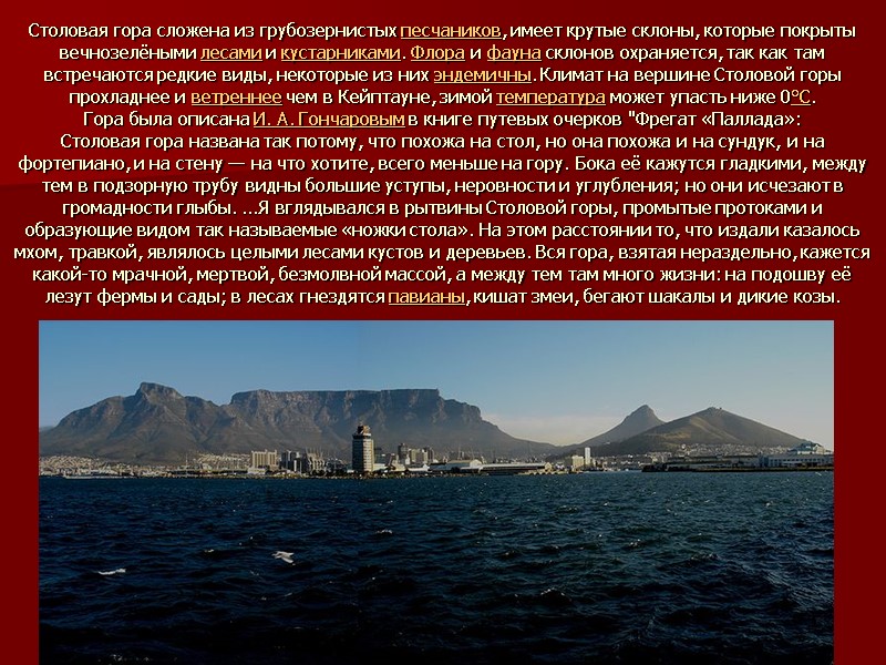 Столовая гора сложена из грубозернистых песчаников, имеет крутые склоны, которые покрыты вечнозелёными лесами и